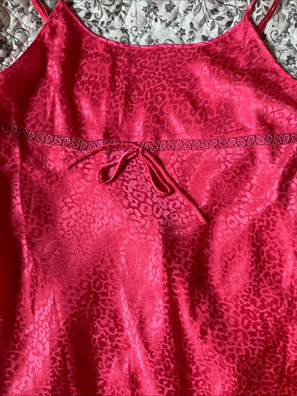 Hot Pink Satin sleep dress with Subtle Leopard Jacquard and Front Tie - Picture 4 of 6